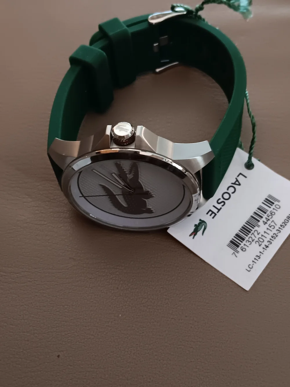 Lacoste Silver Dial Watch with Green Strap and Crocodile Logo